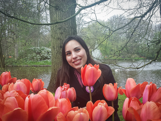A person is sitting behind tulips with a lake in the background.