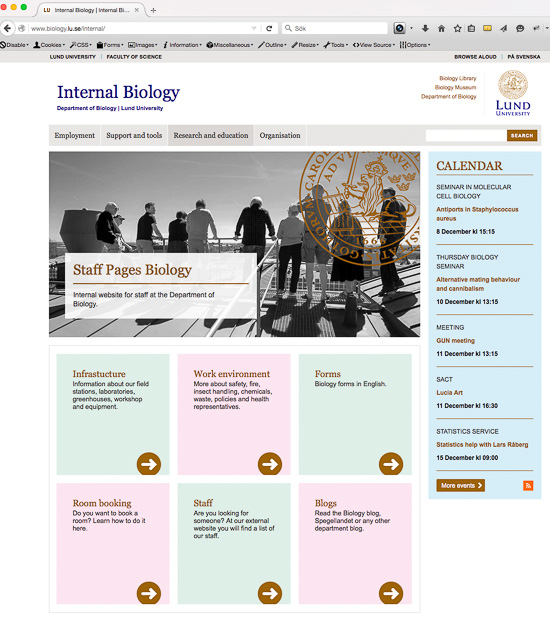 A screen dump from our internal website at https://www.biology.lu.se/internal.