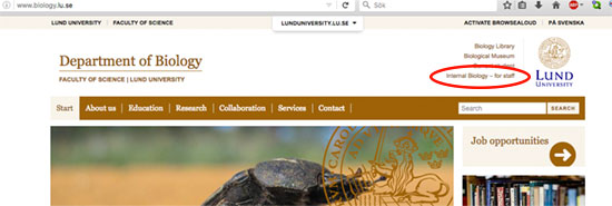 A screen dump of a website with a red circle up to the right circling the words Internal Biology – For staff. 