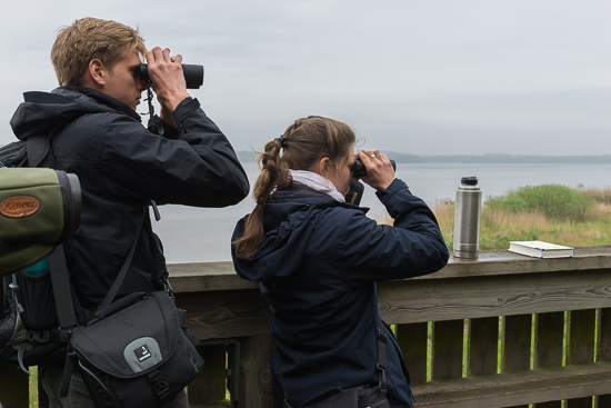 Two persons are standing looking through binoculars.