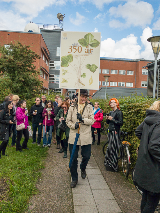 A person goes holding a poster on a stick saying 350 år.